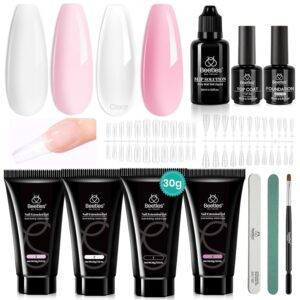 Beetles Poly Nail Extension Gel Kit, 4 Colors Pink White Poly Nail Gel Builder Sheer Pink Nail Gel Clear Nail Art Kit with Poly Brush & Slip Solution Nail Salon All In 1 Kit Gift for Women