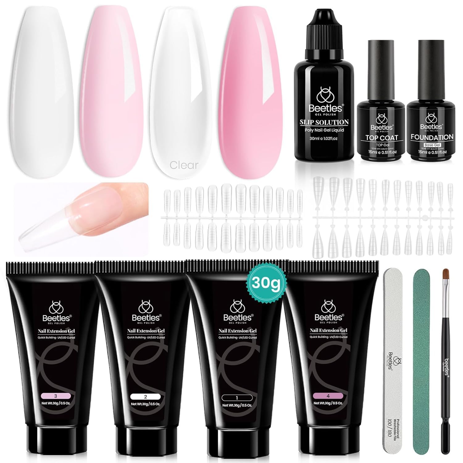 Beetles Poly Nail Extension Gel Kit, 4 Colors Pink White Poly Nail Gel Builder Sheer Pink Nail Gel Clear Nail Art Kit with Poly Brush & Slip Solution Nail Salon All In 1 Kit Gift for Women