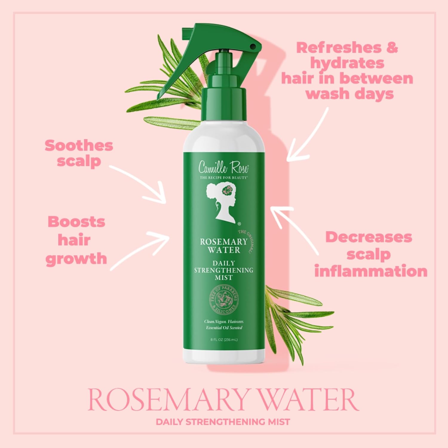 Camille Rose Rosemary Water Daily Strengthening Mist, with Peppermint and Rosemary Essential Oils to Strengthen Strands and Promote Hair Growth, for all Hair Types, 8 fl oz - Image 4