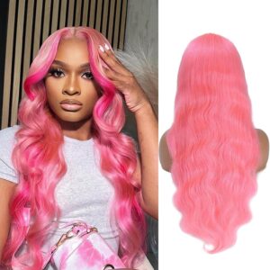 Pink Lace Front Wigs Human hair Pink Wigs Human Hair Body Curly Human Hair Wig For Women Body Wave Lace Frontal Wigs Human Hair 200% Density HD Transparent Pre Plucked 26 inch