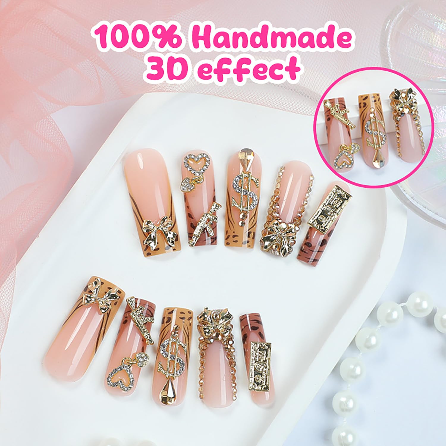 Press on Nails Long Coffin Shaped Acrylic Glossy Full Cover Long Square French False Nails with Designs Artificial Extra Long Fake Nails with Charms Glue ons Fingernails for Women(XG10114) - Image 2
