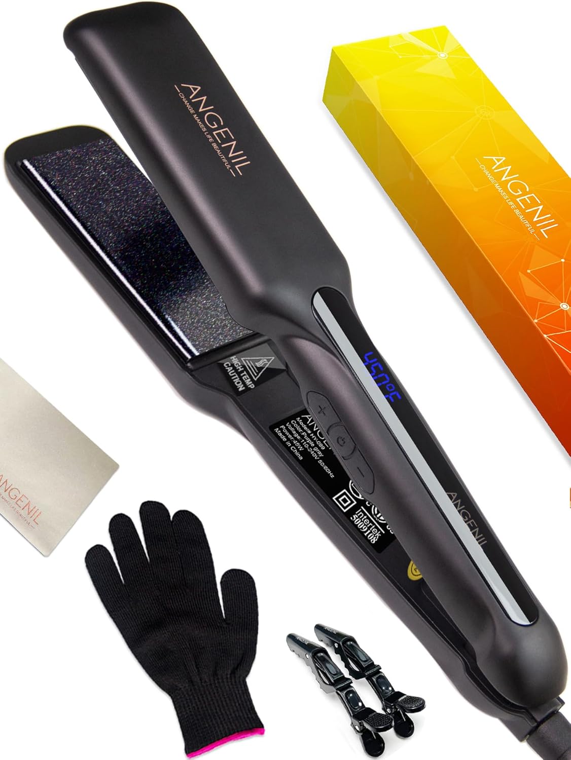 ANGENIL Tourmaline Ceramic Flat Iron Hair Straightener 1.6 inch Wide, Straightening and Curling Iron 2 in 1, Dual Voltage Hair Curler for Womens Smoother &Thick Hair, 30S Fast Heating, LCD Display