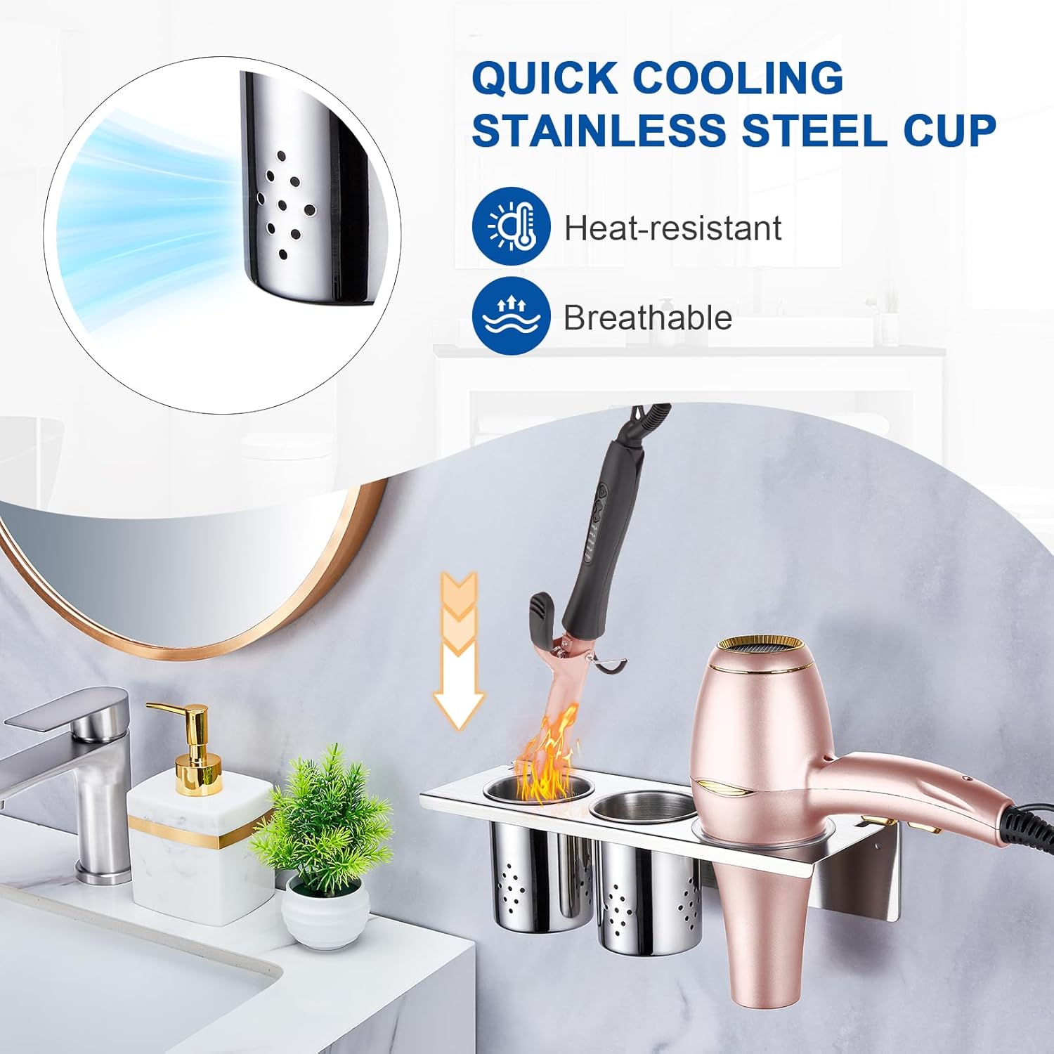 Hair Tool Organizer Wall Mount, Hair Dryer Holder with 2 Cups, Stainless Steel Blow Dryer Holder Curling Iron Holder Wall Mount, Bathroom Vanity Hair Styling Tools Organizer for Brush, Flat Iron - Image 3