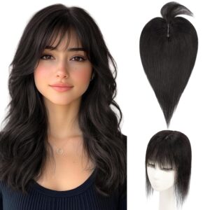 Hairro Human Hair Topper with Wispy Bangs, Clips on 360° 3D Cover Real Hairpieces Lightweight, 2.25"x6" Base for Women with High Hairline/Thinning Hair, 10 Inch Natural Black