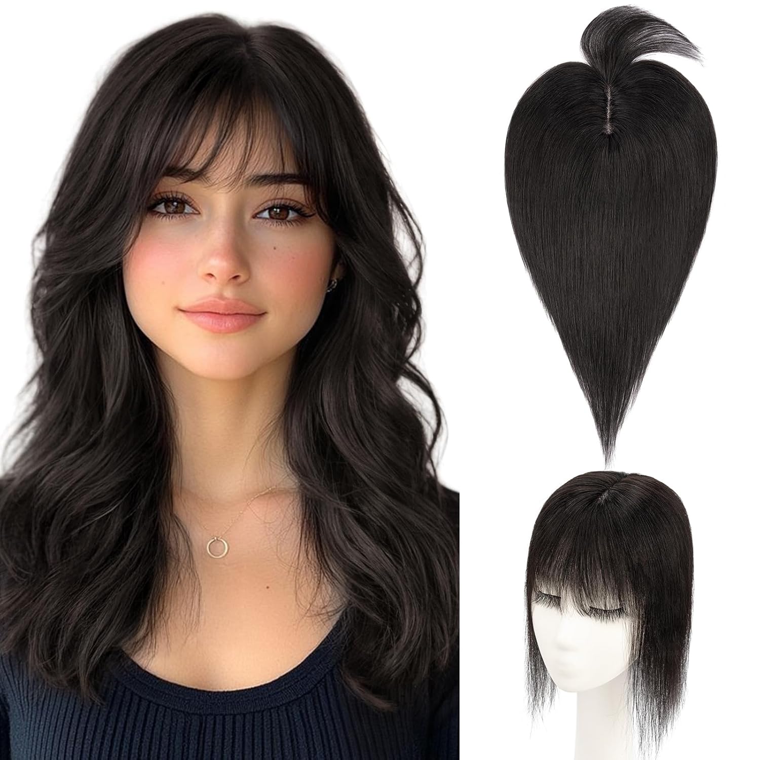 Hairro Human Hair Topper with Wispy Bangs, Clips on 360° 3D Cover Real Hairpieces Lightweight, 2.25"x6" Base for Women with High Hairline/Thinning Hair, 10 Inch Natural Black