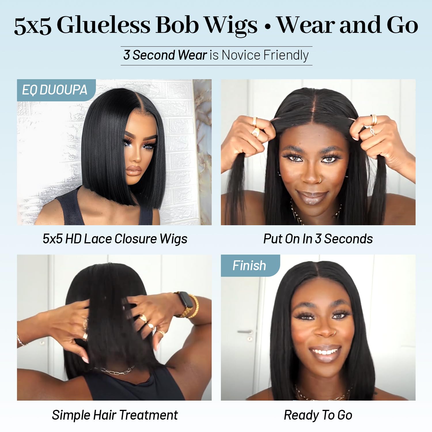 Wear and Go Glueless Bob Wig Human Hair Pre Plucked Pre Cut 180% Density 5x5 HD Transparent Lace Front Wigs Human Hair for Black Women Short Straight Bob Wigs No Glue Lace Closure Wigs 10 Inch - Image 5