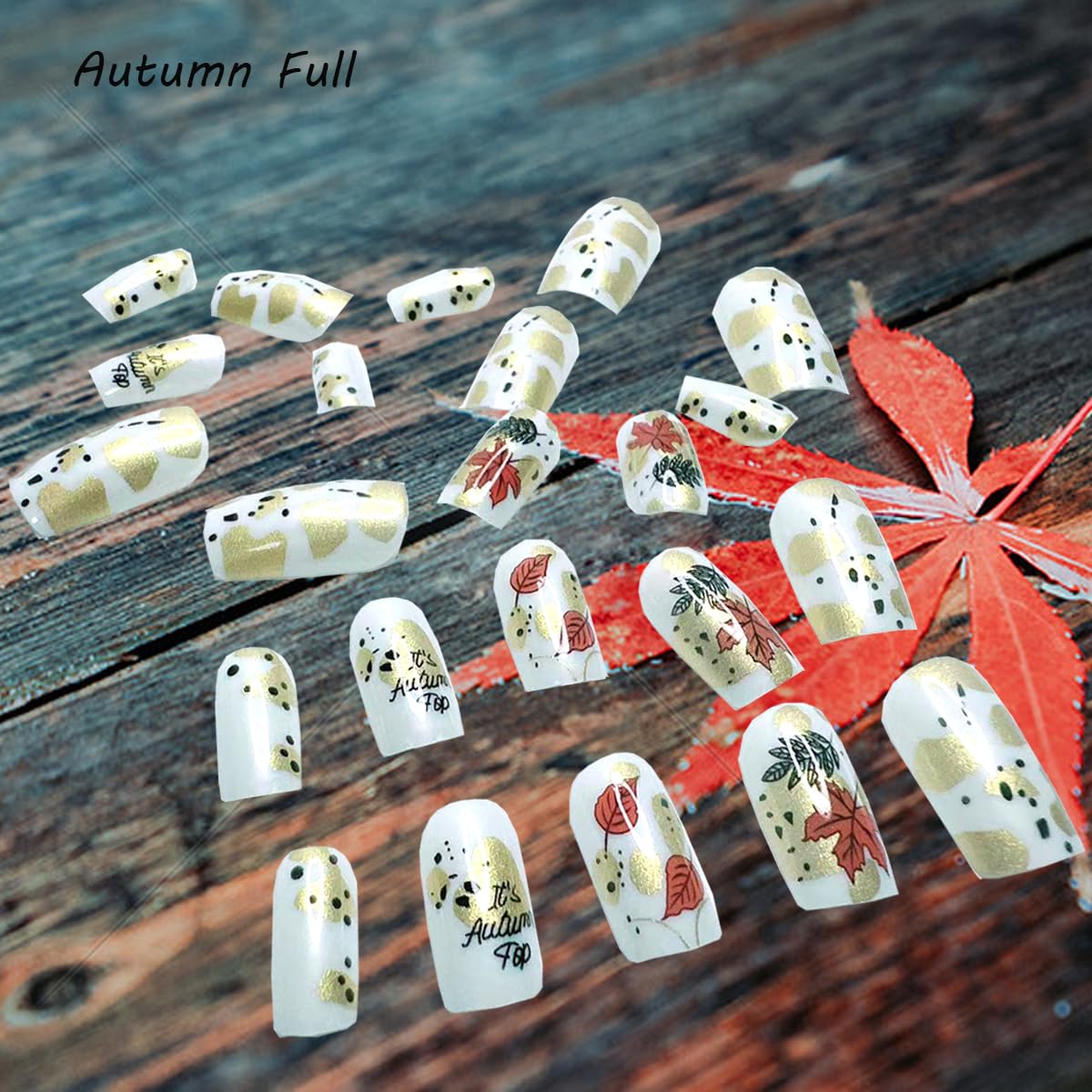 24Pcs Fall Press on Nails Short Maple Leaf and Letter with Designs, Full Cover Fake Nails Glossy Autumn Nail Tips Medium Square Shaped for Women Girls Nails Supplies Thanksgiving Decorations - Image 2