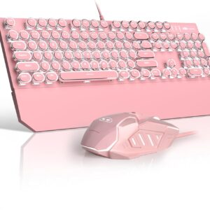 Retro Pink Typewriter-Style Keyboard and Mouse Combo, Cute Light Up Wired Mechanical Keyboard with Linear Red Switches, Full Size for Gaming, Work, Mac, PC, Windows