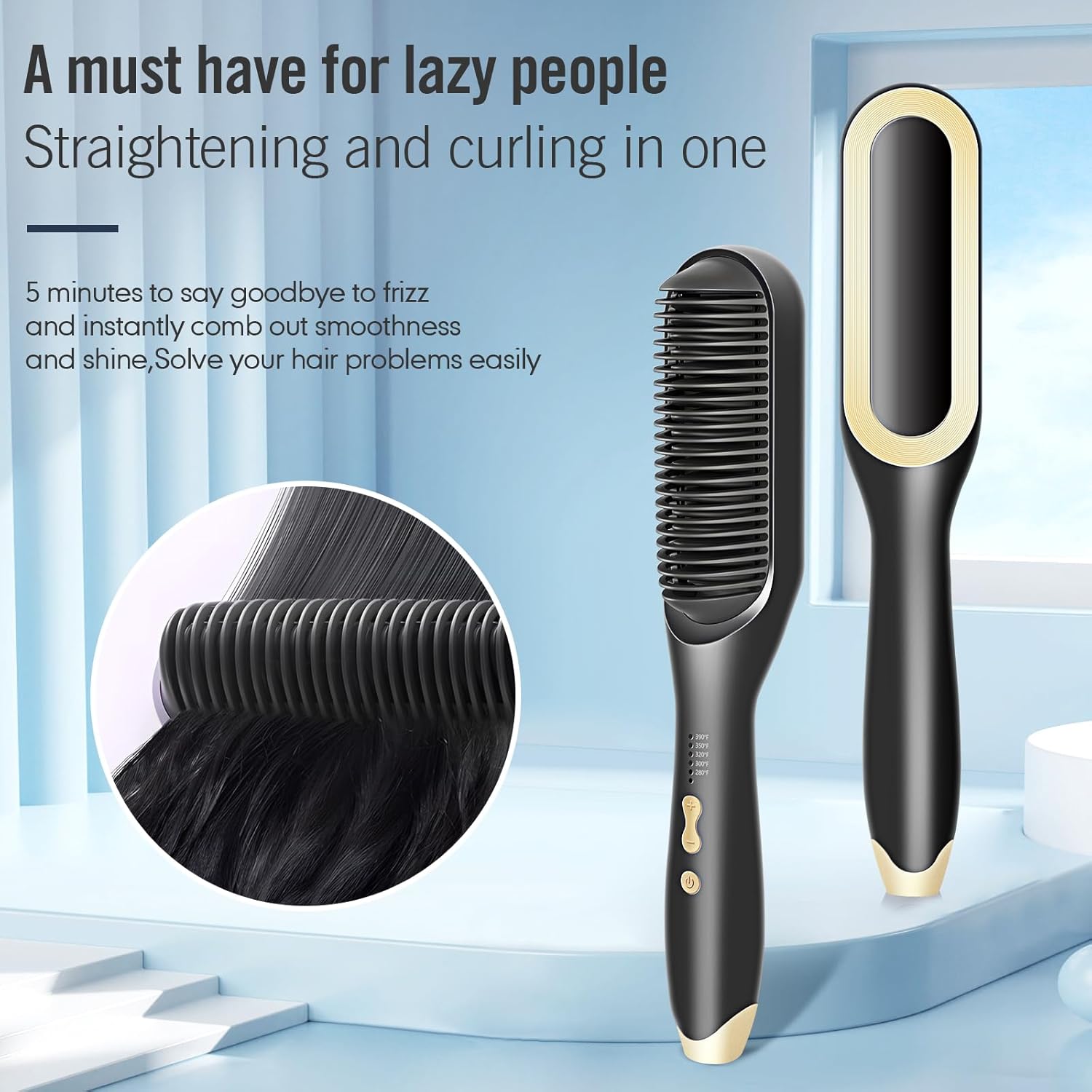 Hair Straightener Brush-Ionic Hair Brush Straightener for Women with 5 Temp Settings,Fast Heating & Dual Voltage Hair Straightening Comb,Anti-Scald & Auto-Shut Off (Black) - Image 7