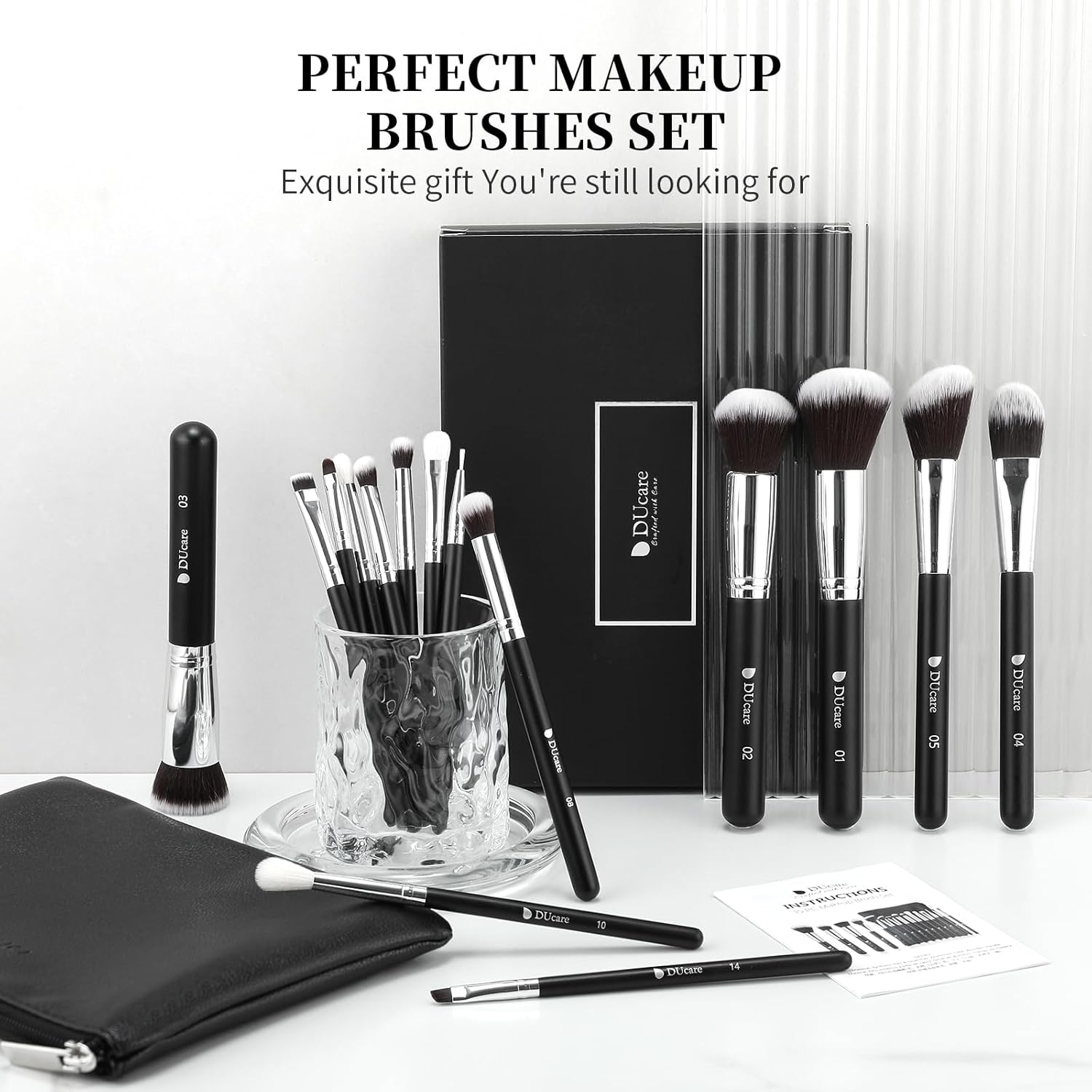 DUcare Makeup Brushes with Bag,15Pcs Makeup Brush Set Christmas Gift Travel Kabuki Foundation Blending Blush Eyeliner Shadow Brow Concealer Brushes Kit Black - Image 3