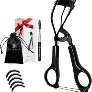 Eyelash Curler - Precision Lash Lift in Seconds with 5 Replacement Pads, Eyebrow Brush & Satin Travel Bag - Gentle & Safe, German Stainless Steel for Perfect Extra Curls - Gift (Black)