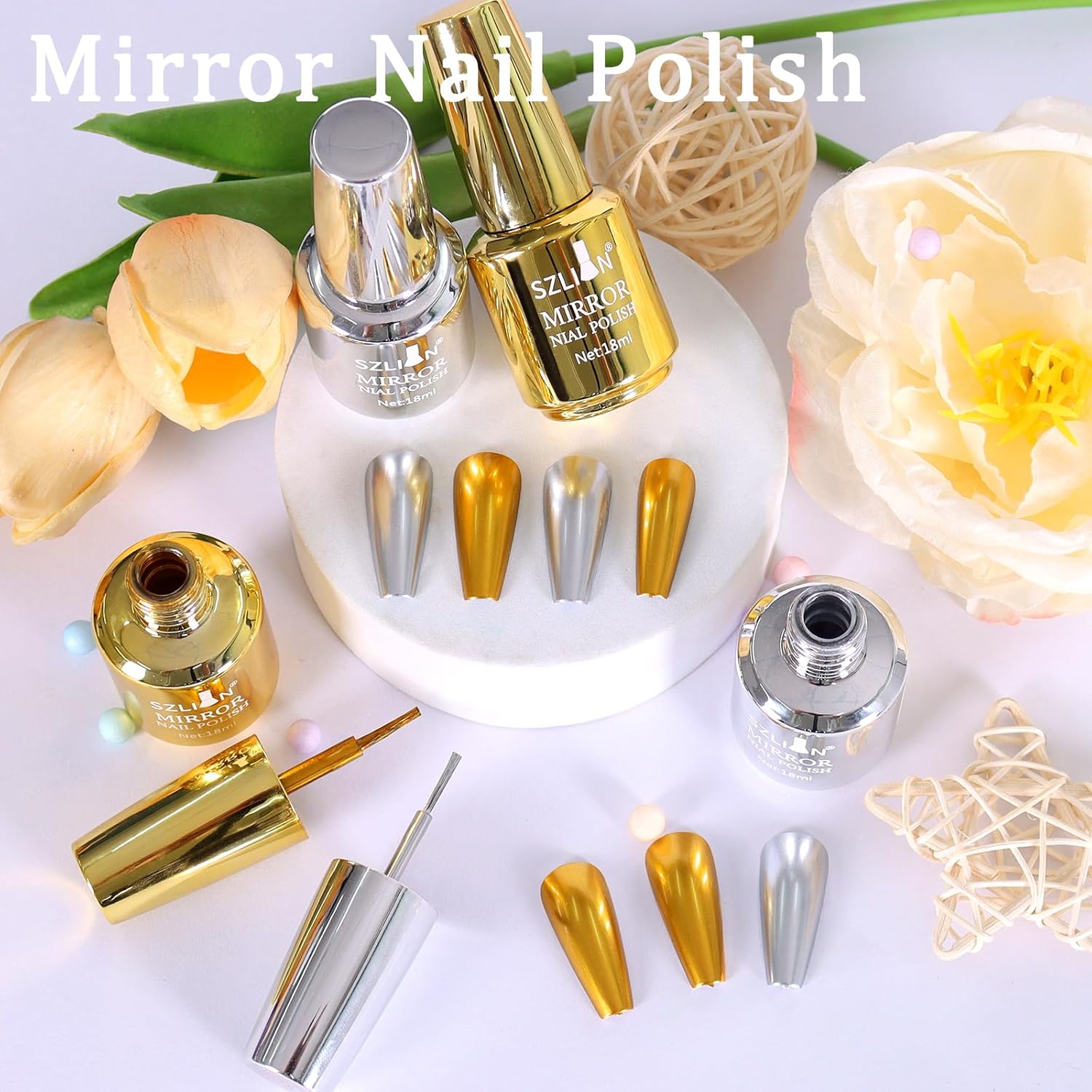 SIUSIO 18ml Mirror Nail Polish, Bright Colorful Metallic for Nail Art, Longlasting Mirror Effect Glue, Gorgeous Reflective Manicure Lacquers, 0.61 fl oz-Gold - Image 6