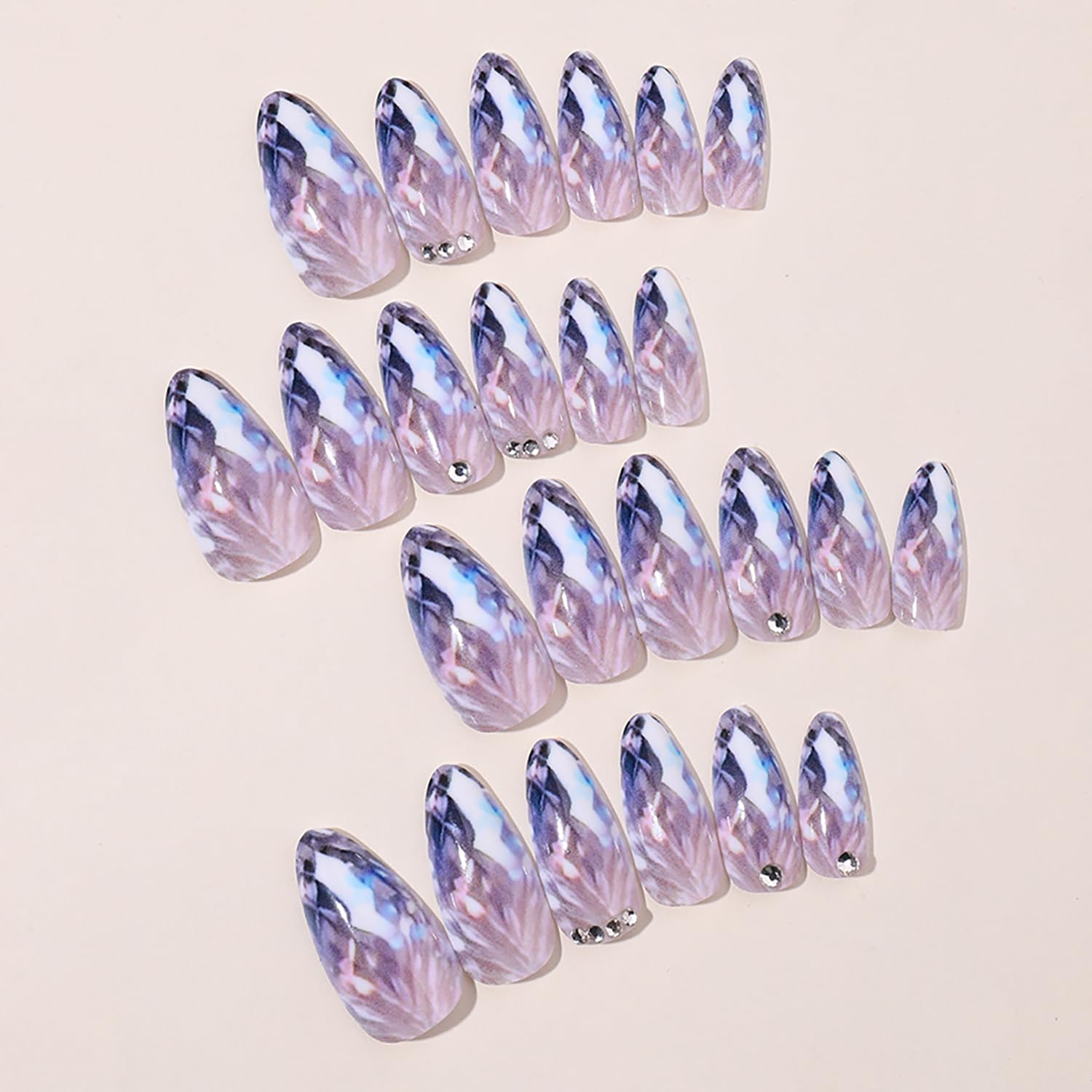 TBRZTR Press on Nails Medium Almond False Nails Waves of Light Fake Nails Artificial Acrylic Nails with Rhinestones Design Full Cover Glossy Reusable Coffin Nails Glue on Nails for Women 24Pcs - Image 3