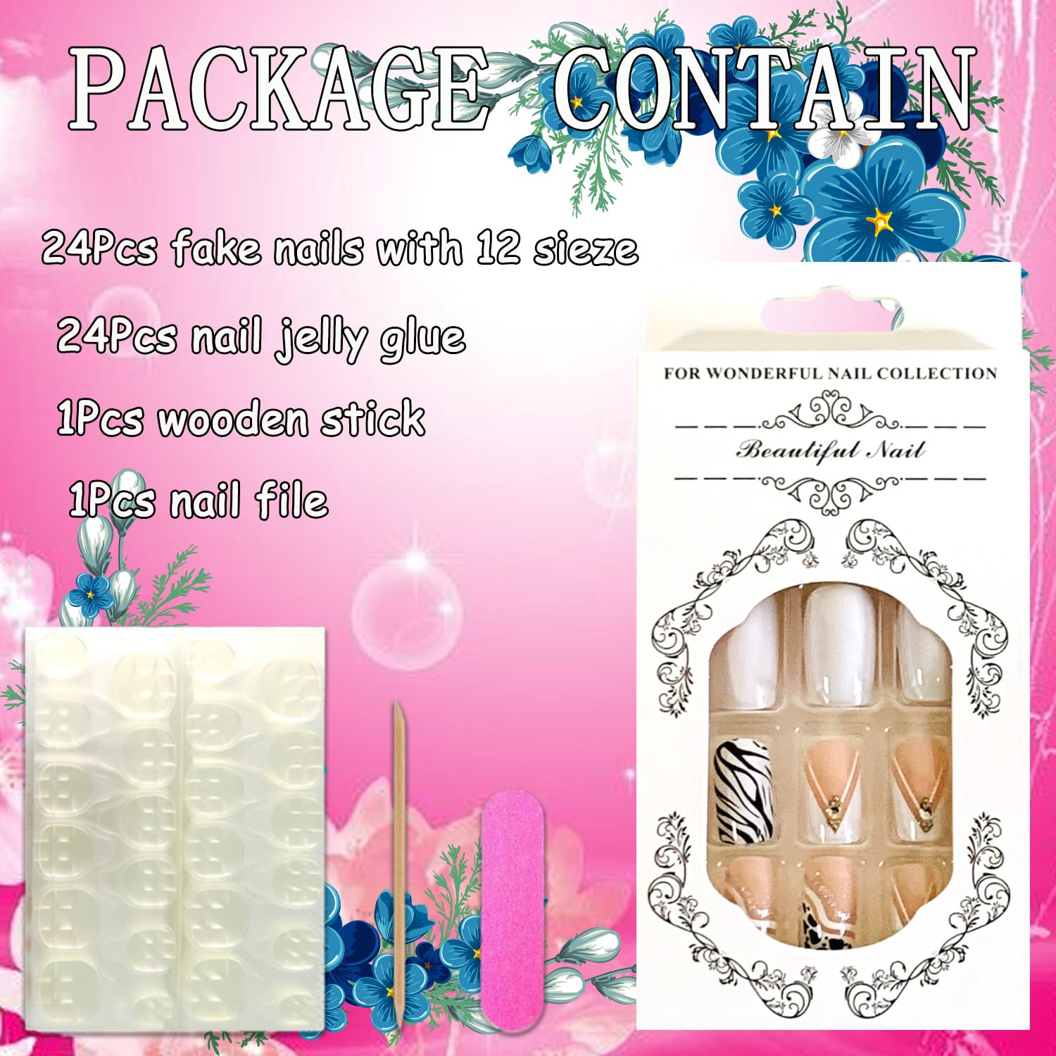 Press on Nails French 24Pcs Glossy Full Cover Medium Artificial Square False Nails with Cow Print Designs Glue Stick on Fingernails with Charm for Women Coffin Acrylic Fake Nails Sets - Image 4