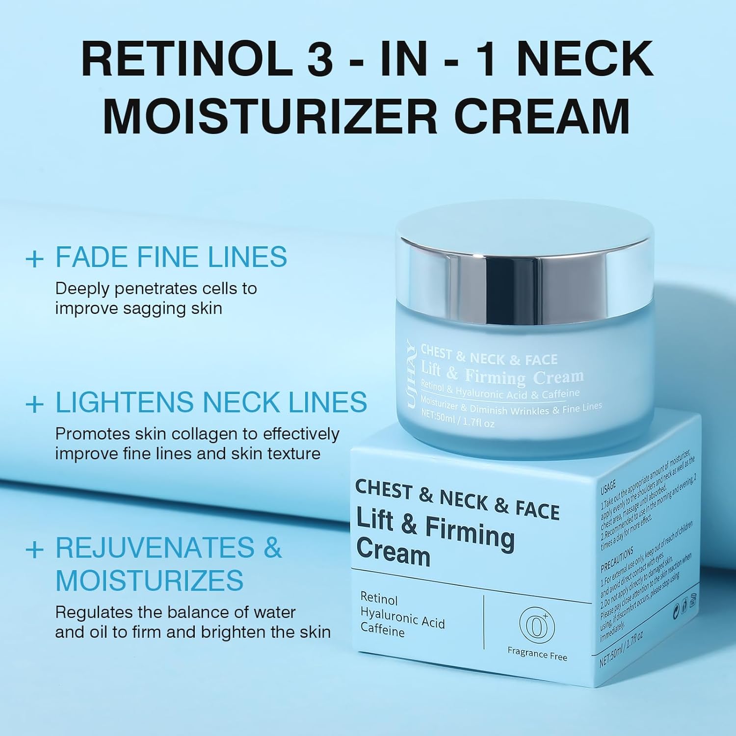 Retinol Neck Cream, Hyaluronic Acid and Caffeine Enriched Neck Firming Cream to Minimize Fine Lines & Dullness - 3-in-1 Moisturizing Cream for Neck, Chest and Face (50 ml/1.7 oz) - Image 3