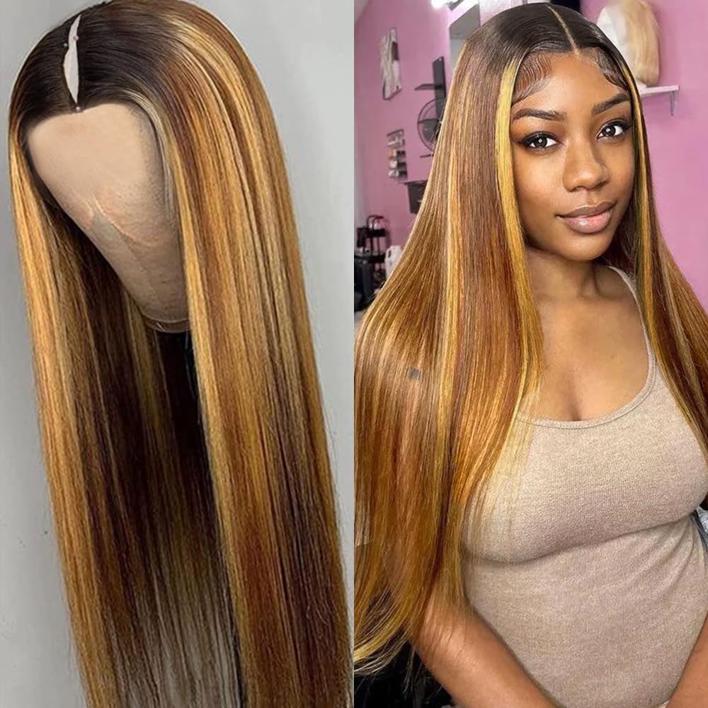 Highlight Ombre V Part Wigs Human Hair Straight Balayage Blonde V Part Human Hair Wigs 180% Density Glueless Full Head Clip In Half Wigs 22inch #T1BP4/27