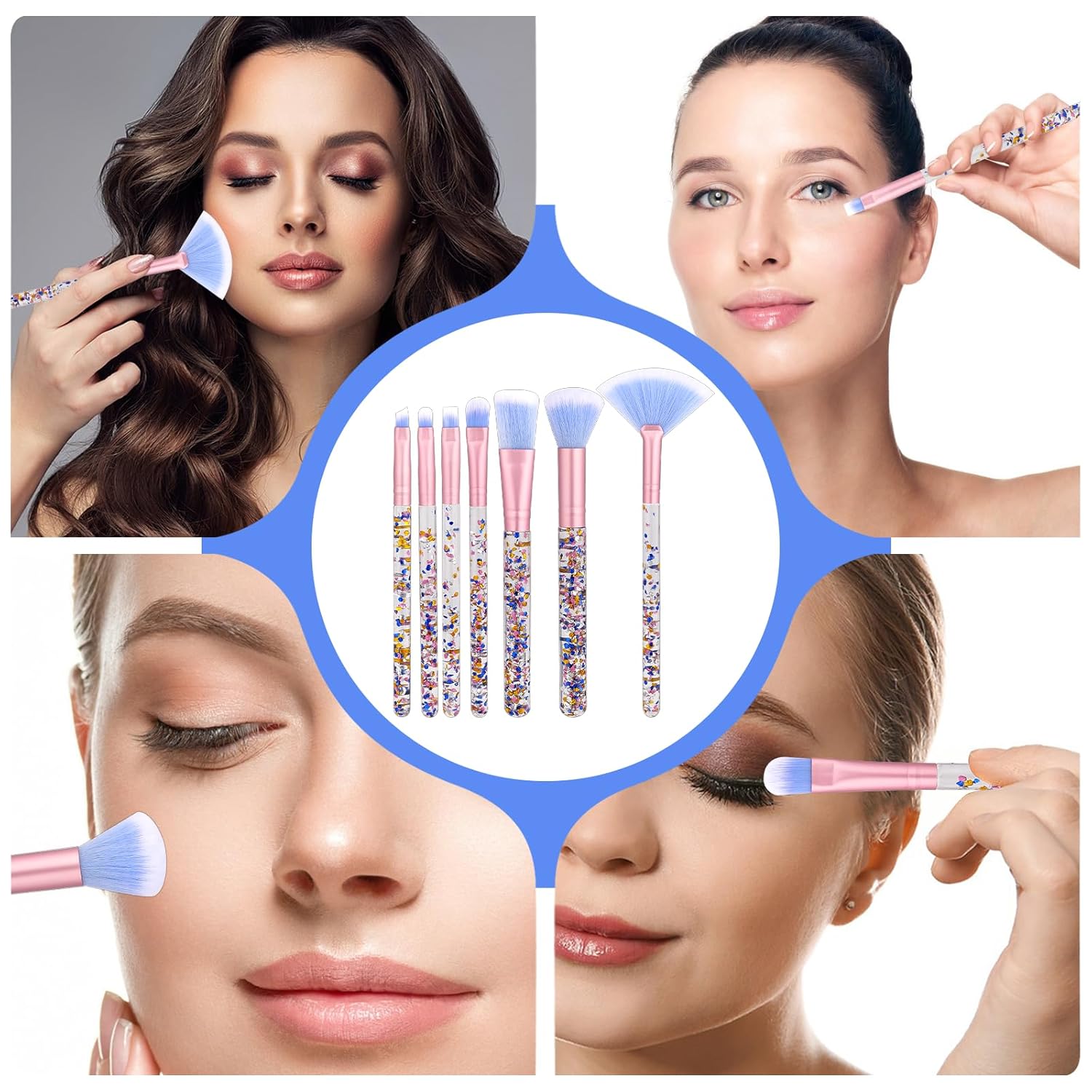 7 PCS Makeup Brushes Set,Crystal Sparkles Make Up Brush Professional Blending Brush with Sequins Handle Cute Blush Foundation Highlight Concealers Eyebrow Eye Shadow Lip Fan Beauty Brush Kit for Girls - Image 7