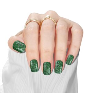 Fake Nails Press on Short Square Glue on False Nails, Emerald Sparkles Glitter Green Nails Press ons, 24PCS Gel Manicure Acrylic Stick on Nails Kit for Women Girls