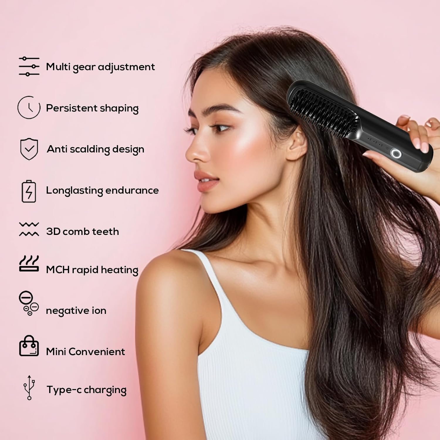 Cordless Hair Straightener Mini Portable Cordless Hair Straightener Brush 3-in-1 Anion Straightening Brush USB Fast Charging Portable Straightener - Image 3