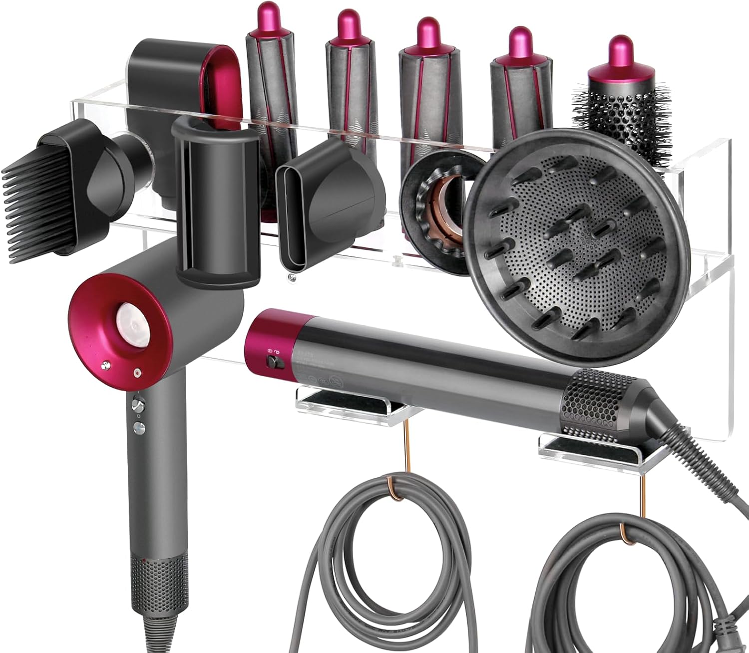 Wall Mount Holder Compatible with Dyson Airwrap Styler Supersonic Hair Dryer, Organizer for Storage Attachments, Rack with Hooks for Accessories Nozzles Barrels Brushes