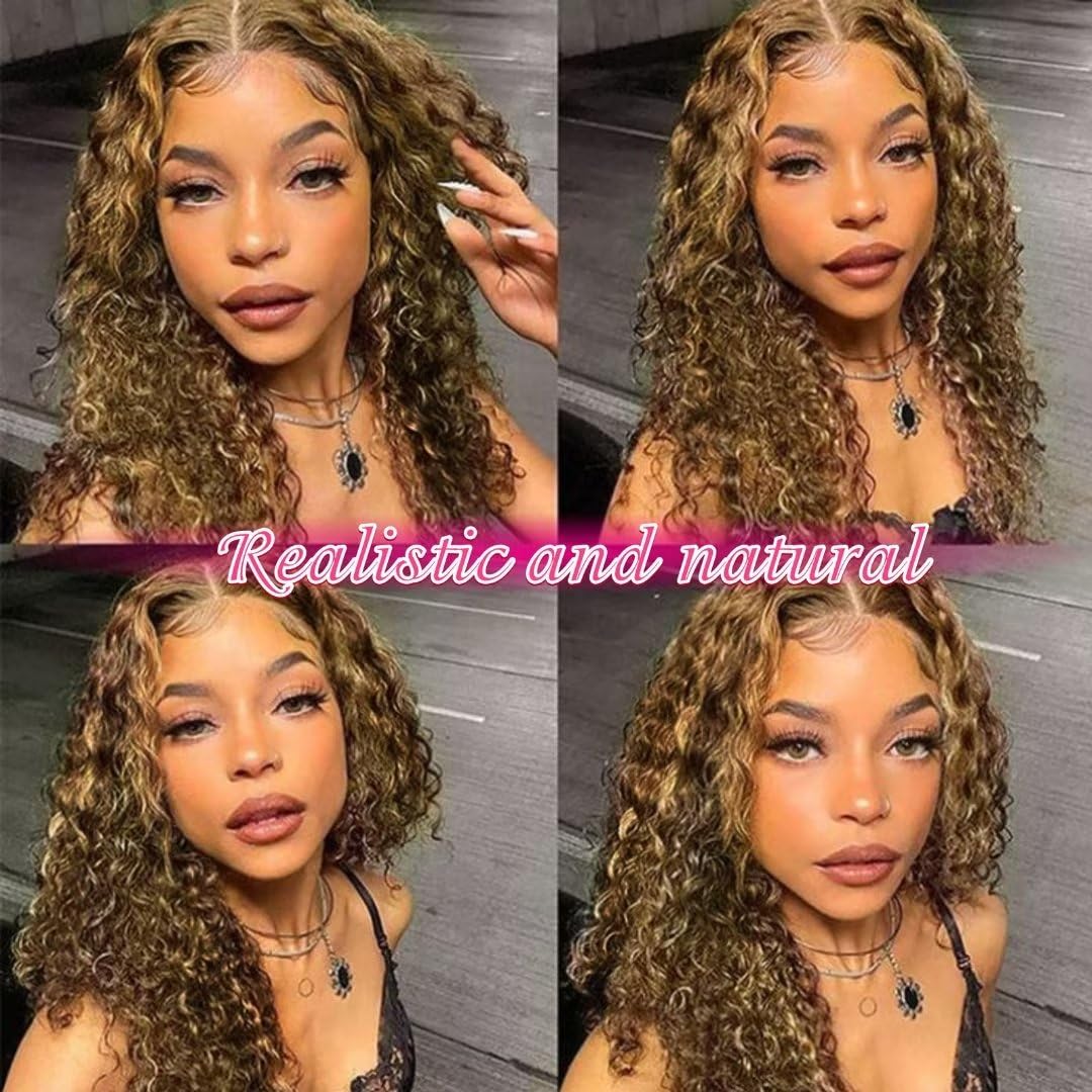 Highlight Ombre 13x6 Lace Front Wig Human Hair 13x6 Deep Wave HD Lace Frontal Wig for Women 180 Density Honey Blonde Deep Curly Frontal Wig Pre Plucked 4/27 Color 26 Inch - Image 7