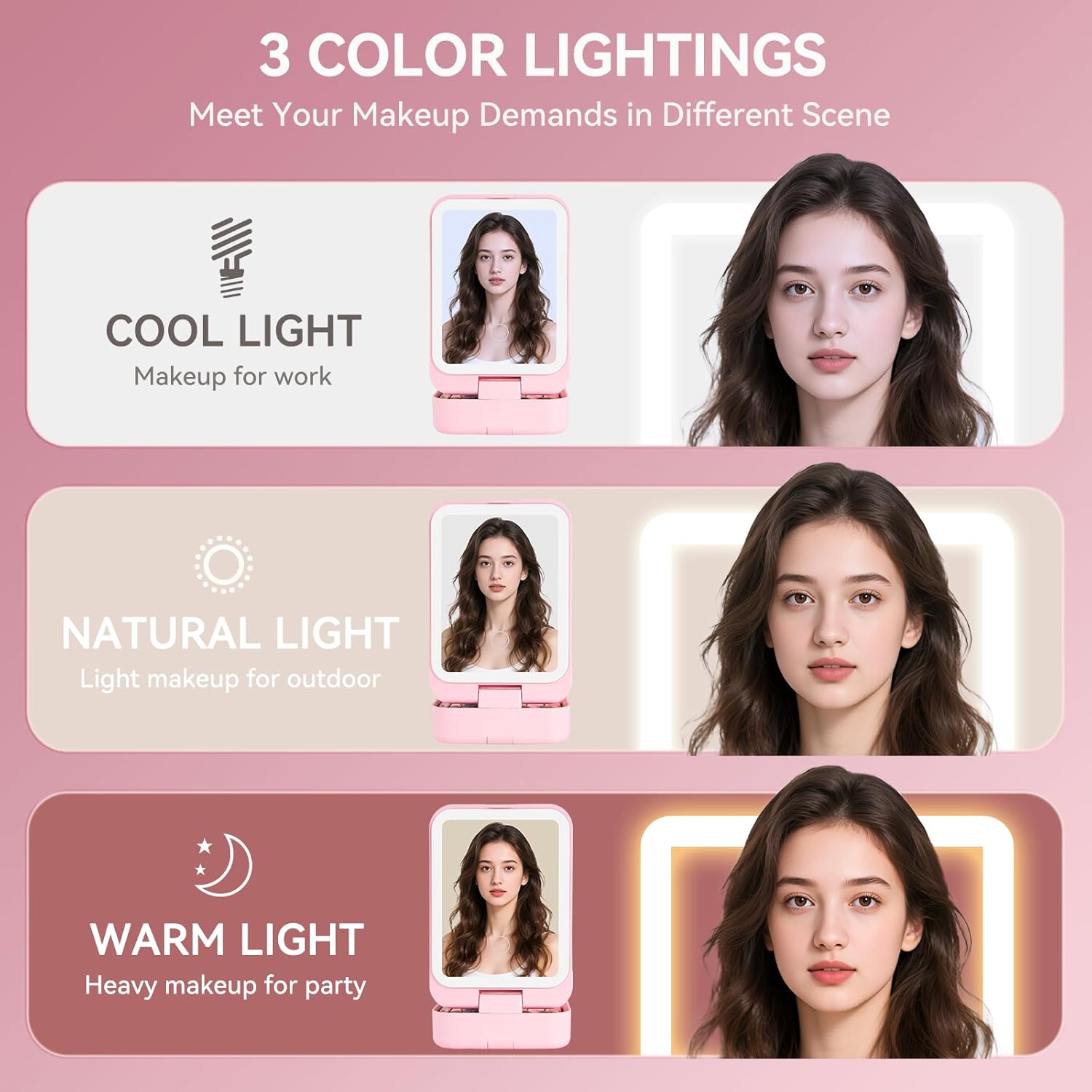 Trendy Teen Girl Gifts – Travel Makeup Brush Set with LED Light Mirror, Perfect Tween Birthday Gifts for Girls 11-16+ year old(Pink) - Image 2