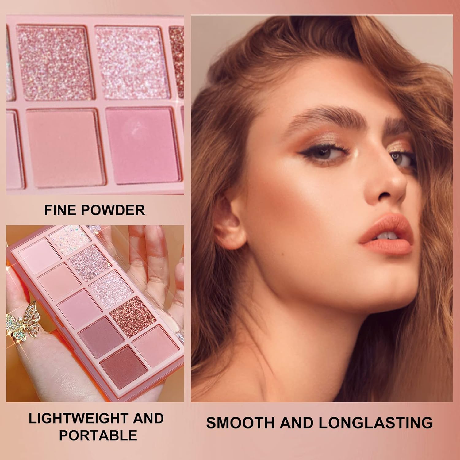 Erinde 10 Colors Eyeshadow Palette Makeup - Matte Shimmer Glitter Eye Shadow, Natural-Looking Korean Eye Makeup, Ultra-Blendable, High Pigmented, Pink Christmas Eyeshadow Palette with Brush, Rose Pink - Image 3