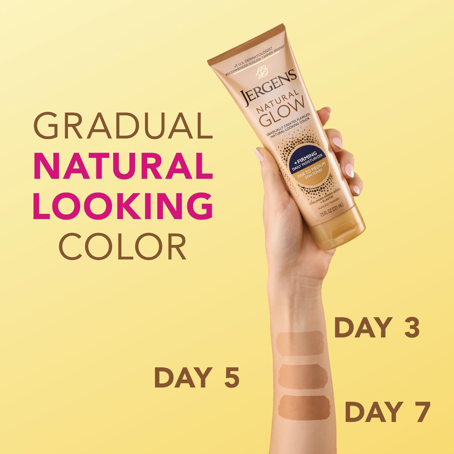 Jergens Natural Glow +Firming Self Tanner Body Lotion, Fair to Medium Skin Tone, Sunless Tanning Moisturizer with Collagen and Elastin. Helps to Visibly Reduce Cellulite, 7.5 Fl Oz (Pack of 2) - Image 4