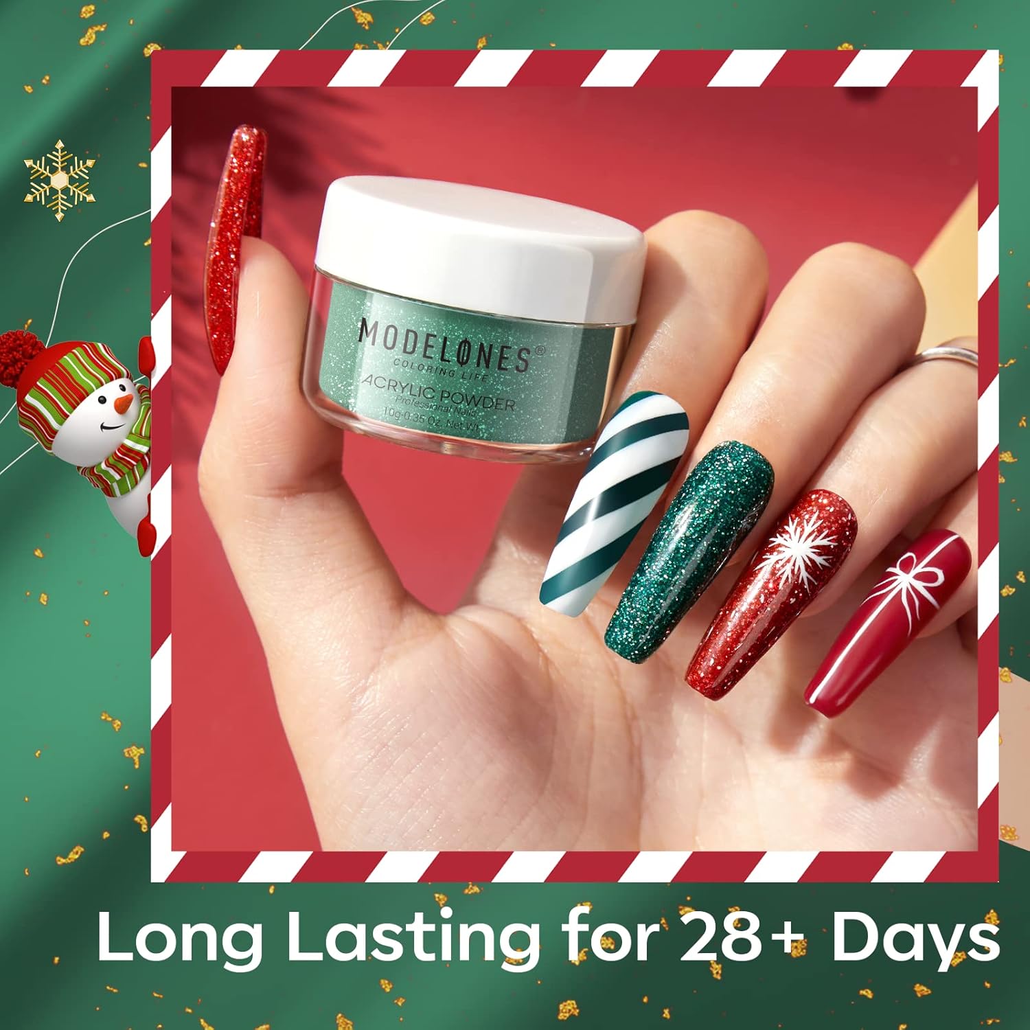 Modelones Christmas Colors Acrylic Powder Kit - 6 Colors Golden Glitter Yellow Green Dark Red Sliver Christmas Eve Cover Powder for Nail Art Extension - No Lamp Needed (C7-Lucky Clover) - Image 8