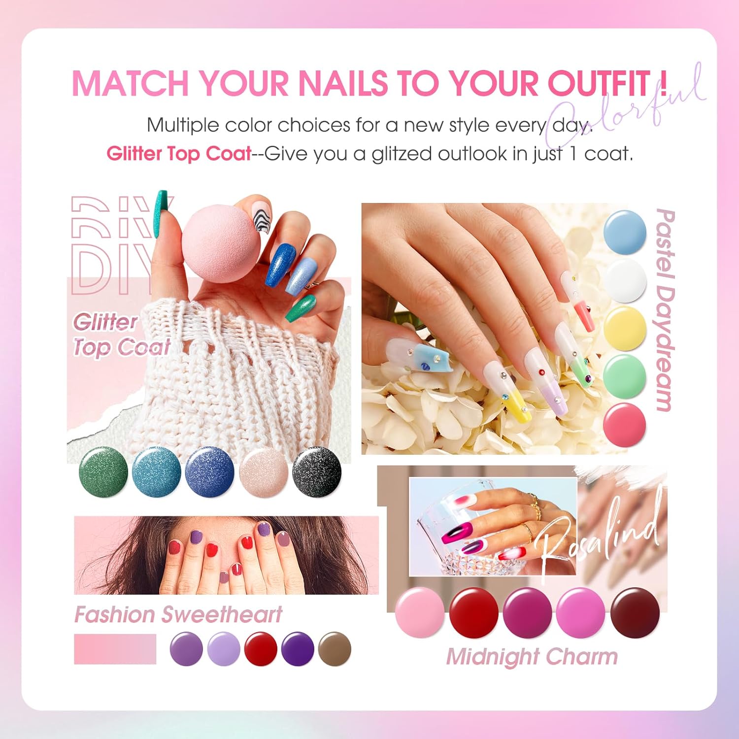 ROSALIND 30pcs Gel Nail Polish Set, 26 Colors Gel Polish with 4Pcs Base and Glossy Matte Glitter Top Coat All Seasons Nude Blue Red Nails art Kit DIY Salon at Home - Image 2