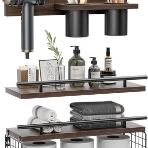 Bathroom Floating Shelves with Hair Dryer Holder - Wall Mounted Wood Wall Shelf with Blow Dryer Storage Over The Toilet - Set of 3 Rustic Brown Farmhouse Decor