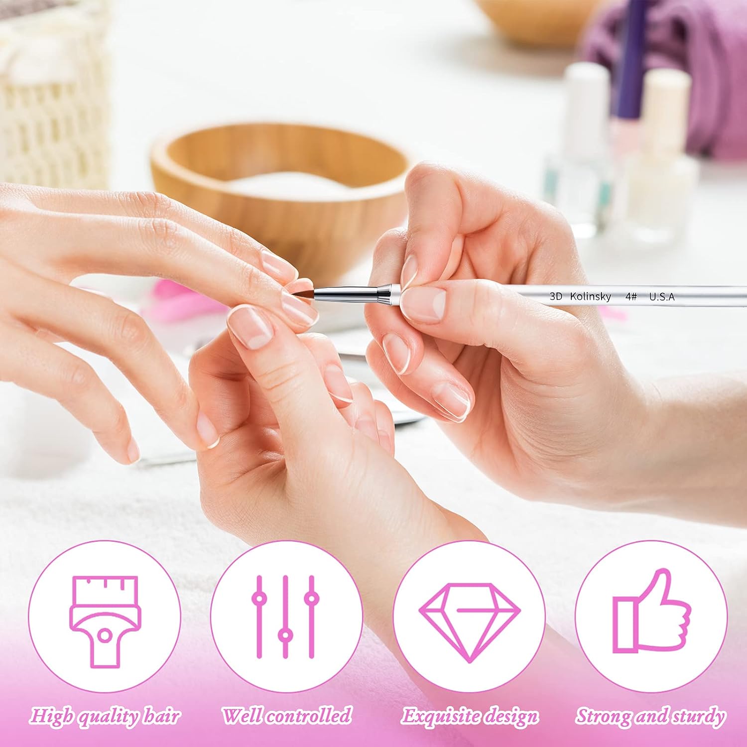 6 Pcs 3D Kolinsky Acrylic Nail Art Brush Set Acrylic Powder Sculpture Painting Brush pen Size 2/4/5 with Silver Metal Nonslip Grip Handle for 3D Nail Art Flower Design - Image 5