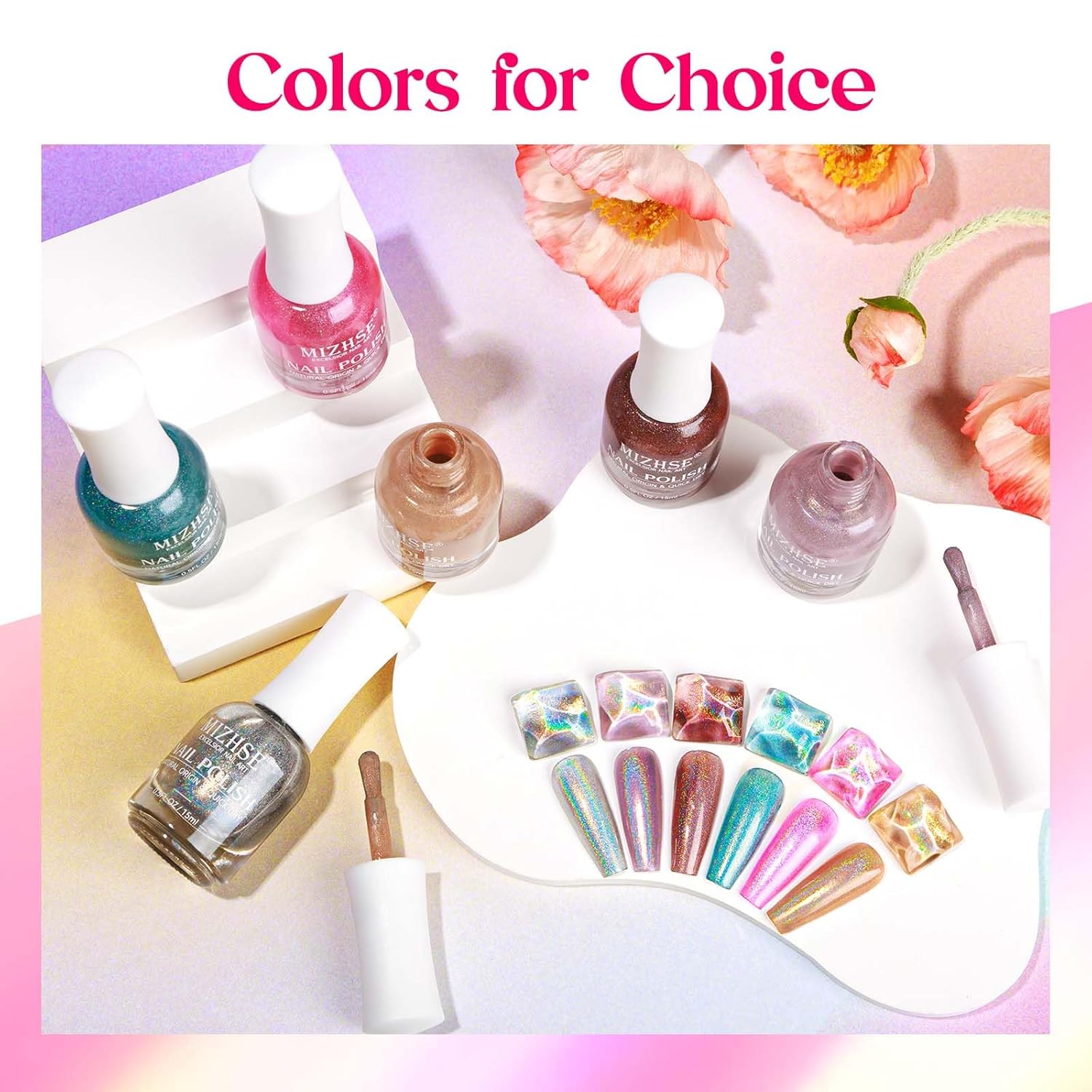 MIZHSE Holographic Nail Polish, Pink Glitter Nail Polish Air Dry Fast, 15 ml High Glossy Shimmer Nail Pigment Oil-based Laser Iridescent Nail Lacquer Chrome Halo Nail Art Salon Manicure Home - Image 7