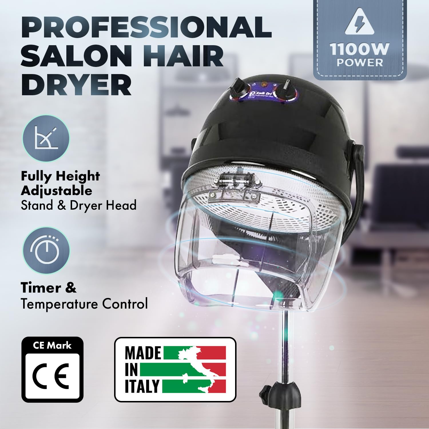 Kwik Dryer with Rolling Caster Base, 1100-Watt Salon Hair Dryer, Adjustable Height and Head, Flip Top Visor, Made in Italy, PIB-514 - Image 3