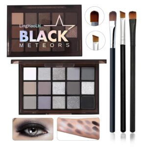 Black Grey Smoky Eyeshadow Palette,15 Colors Matte Shimmer Pigmented Eye Shadow Makeup Palette Set with 3 Eyeshadow Brushes,Glitter Eyeshadow Makeup Palette for Daily Halloween Goth Makeup(A)