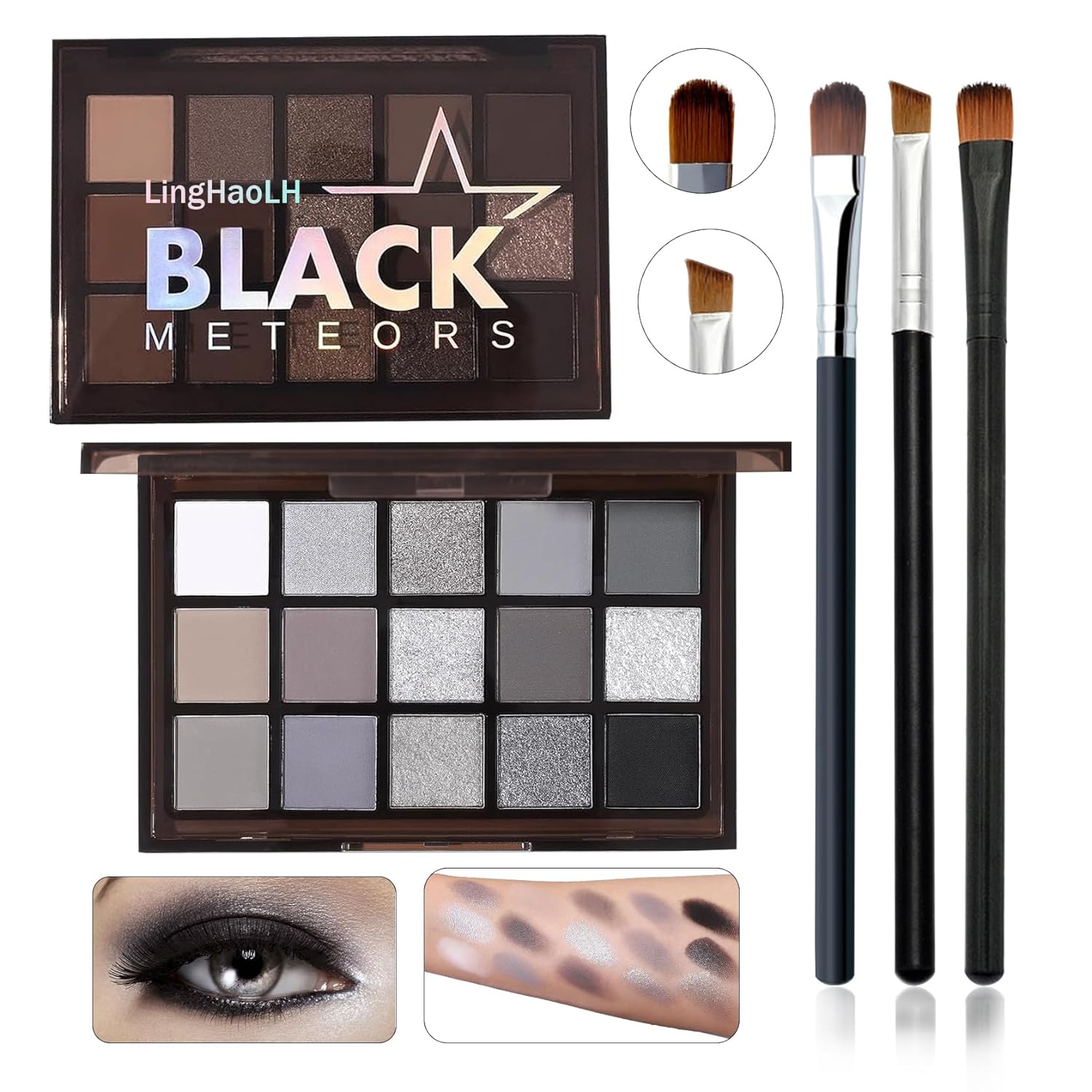 Black Grey Smoky Eyeshadow Palette,15 Colors Matte Shimmer Pigmented Eye Shadow Makeup Palette Set with 3 Eyeshadow Brushes,Glitter Eyeshadow Makeup Palette for Daily Halloween Goth Makeup(A)