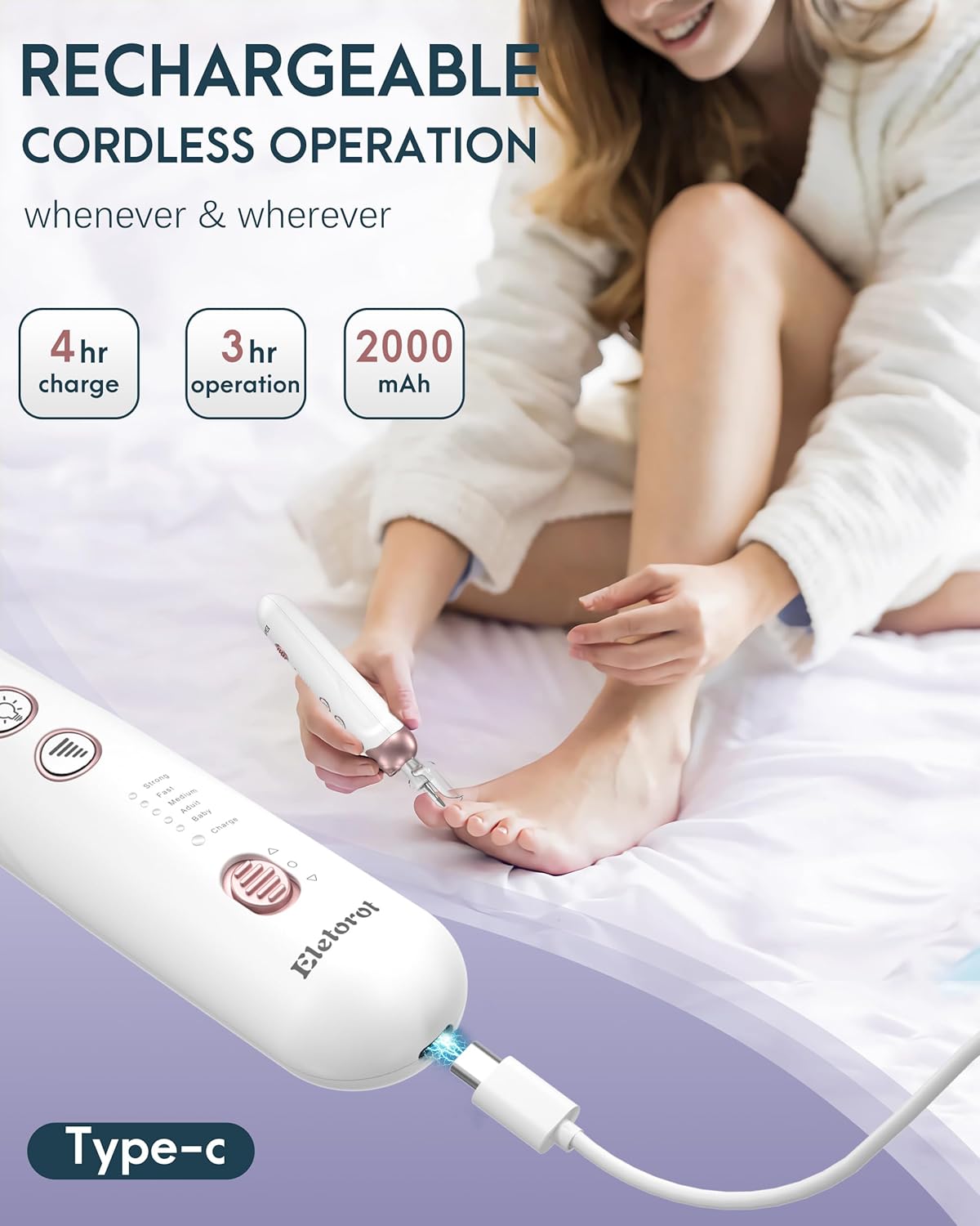 Eletorot Electric Nail File Set, 8 in 1 Professional Manicure and Pedicure Kit, Cordless Pedicure Tools for feet, 5 Speeds Electric Nail Drill Machine, Toe Nail Grinder Kit for Thick Nails - Image 3
