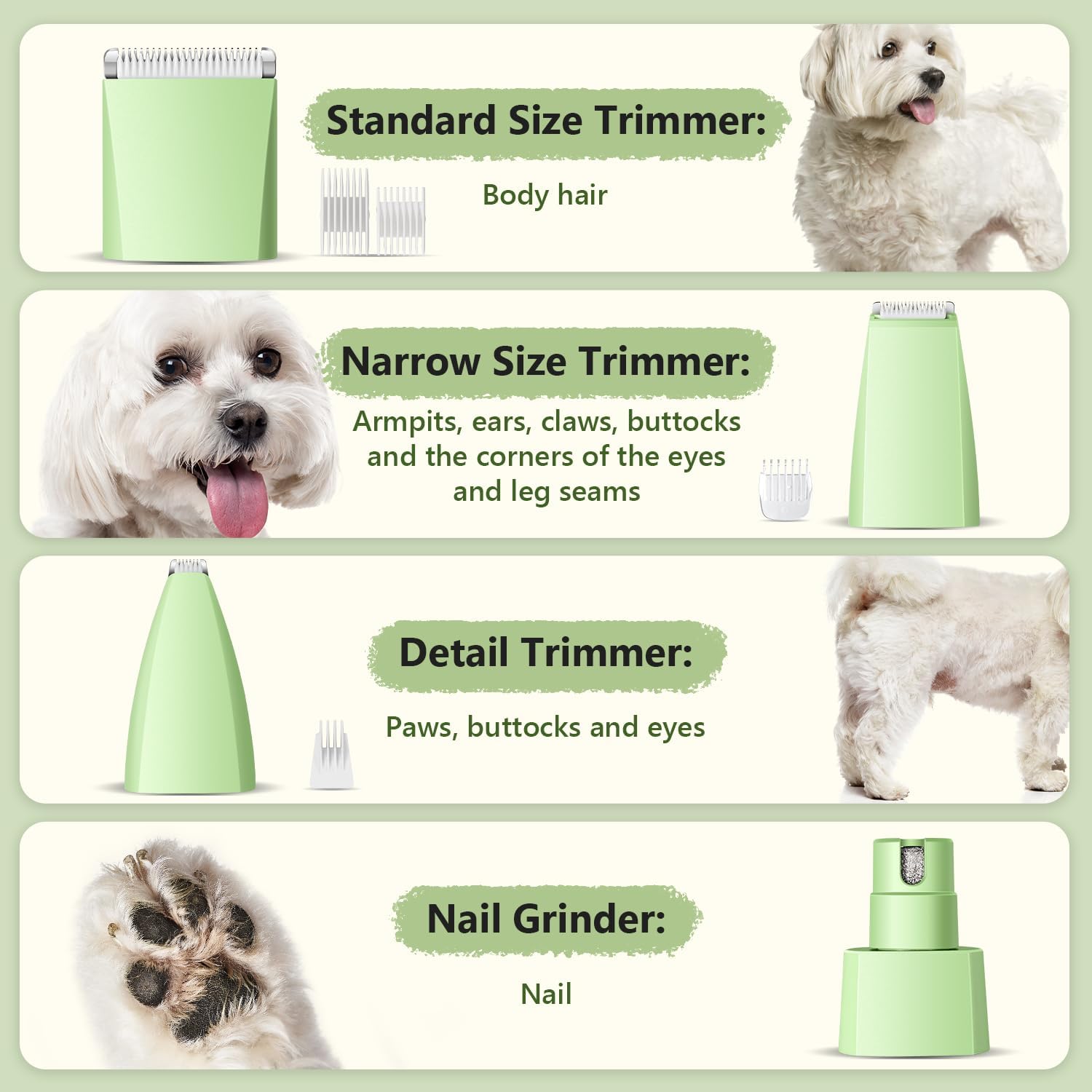 Dog Grooming Kit with LED Light, Low Noise Rechargeable 4 in 1 Pet Clippers for Matted Hair, Cordless Electric Cat Paw Trimmer Dog Nail Grinder, Grooming Supplies for Cat and Small Dogs - Image 4