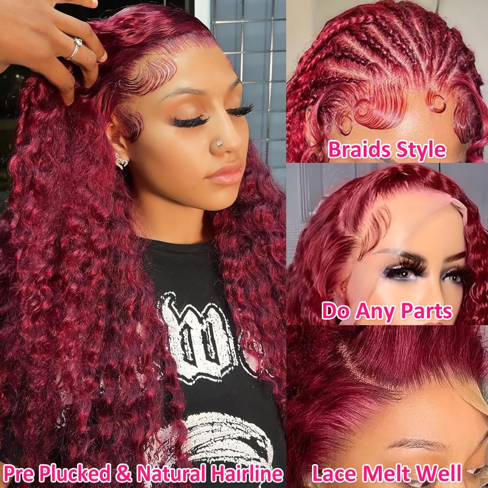 Hedy 28 Inch 99J Burgundy Deep Wave Lace Front Wigs Human Hair Pre Plucked with Baby Hair Glueless 13x6 HD Transparent Brazilian Human Hair Full Lace Frontal Wigs for Women Wine Red Color 180% Density - Image 5