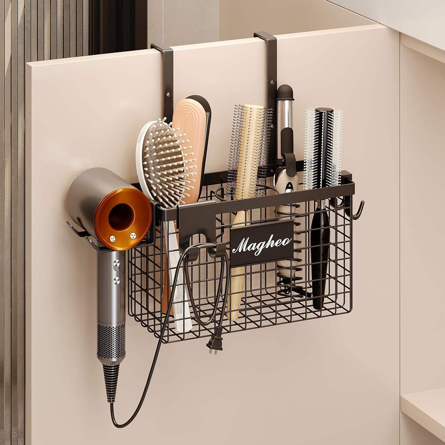 Hair Dryer Holder Cabinet Door 3-in-1 Adhesive Hair Tool Organizer Wall Mounted Adjustable Height Blow Dryer Holder Under Sink Bathroom Hair Appliance Organizer and Storage Countertop(Black)