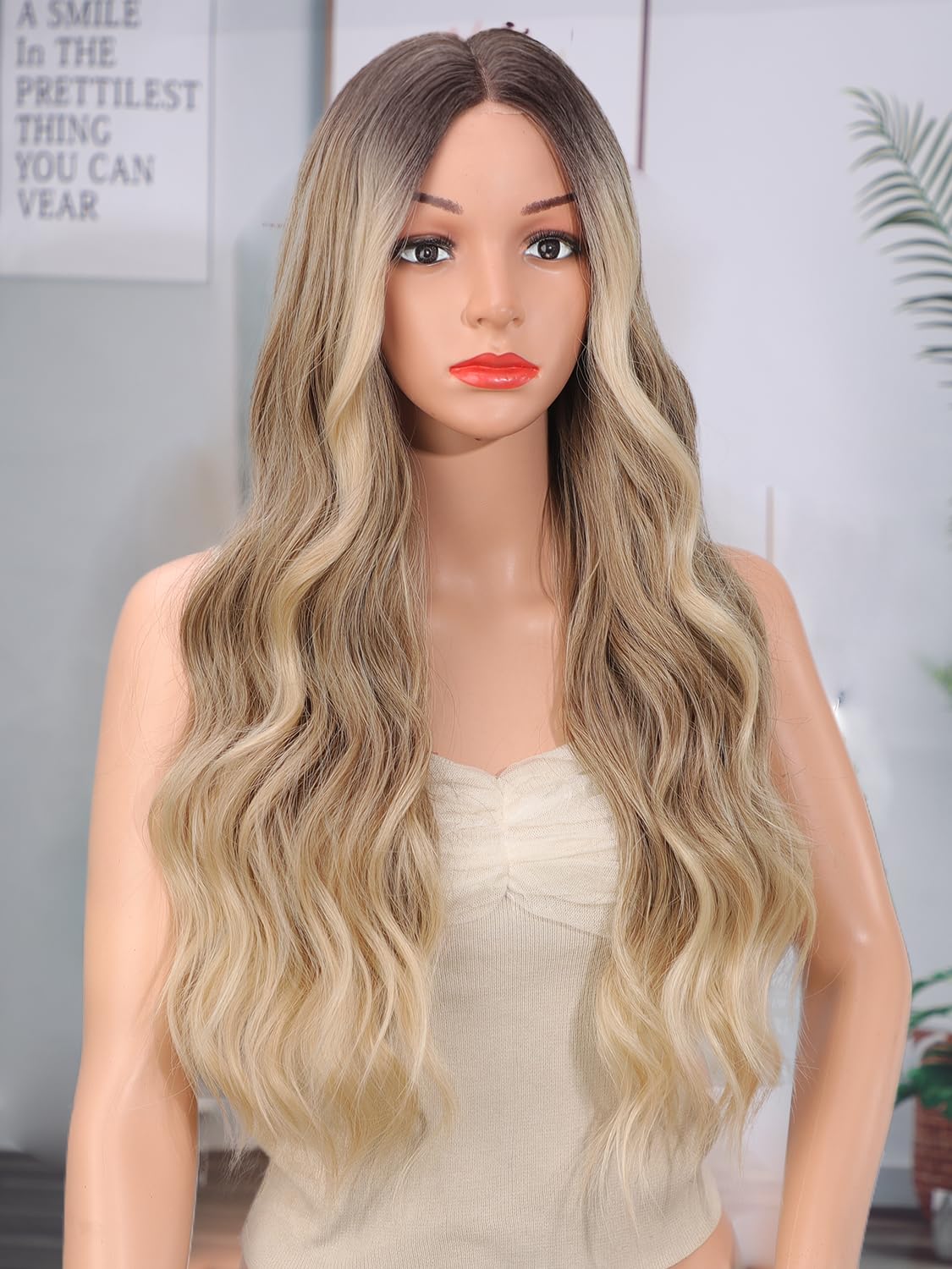 Blonde Wigs for Women Long Ombre Blonde Wavy Wig with Dark Roots Lace Front Hairline Womens Charming Wigs Natural Looking Blond Synthetic Heat Resistant Fiber Wig for Daily Party Use 26 Inch - Image 2