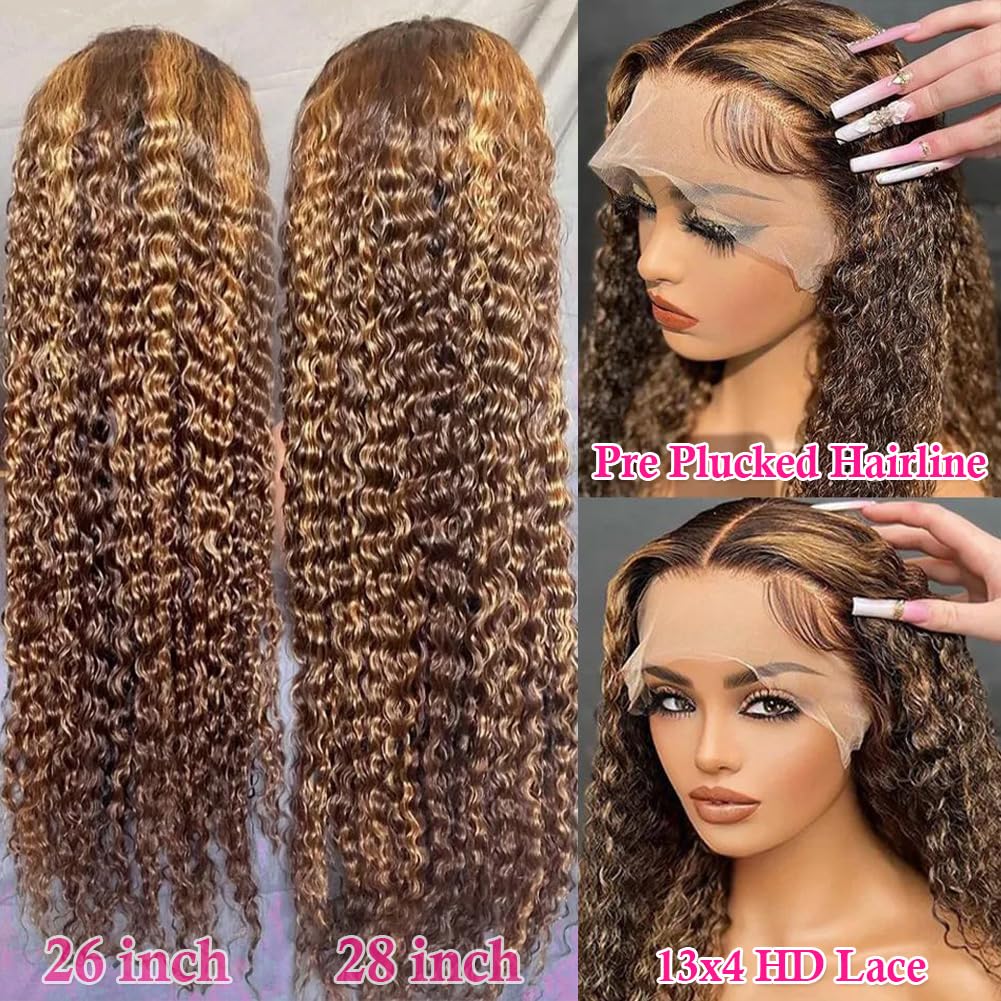 Pizazz 4/27 Highlight Lace Front Wigs Human Hair Pre Plucked Bleached Knots 12A 180 Density 13x4 HD Ombre Honey Blonde Deep Wave Human Hair Wigs with Baby Hair(26 Inch, Brown mix gloden color) - Image 2