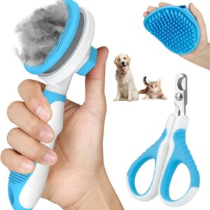 Comotech 3PCS Cat Grooming Kit | Cat Brush | Cat Brushes for indoor Cats | Cat Nail Clipper | Cat Nail Trimmer | Cat Bath Brush | Cat Brush for Shedding - Premium Cat Supplies (Blue)