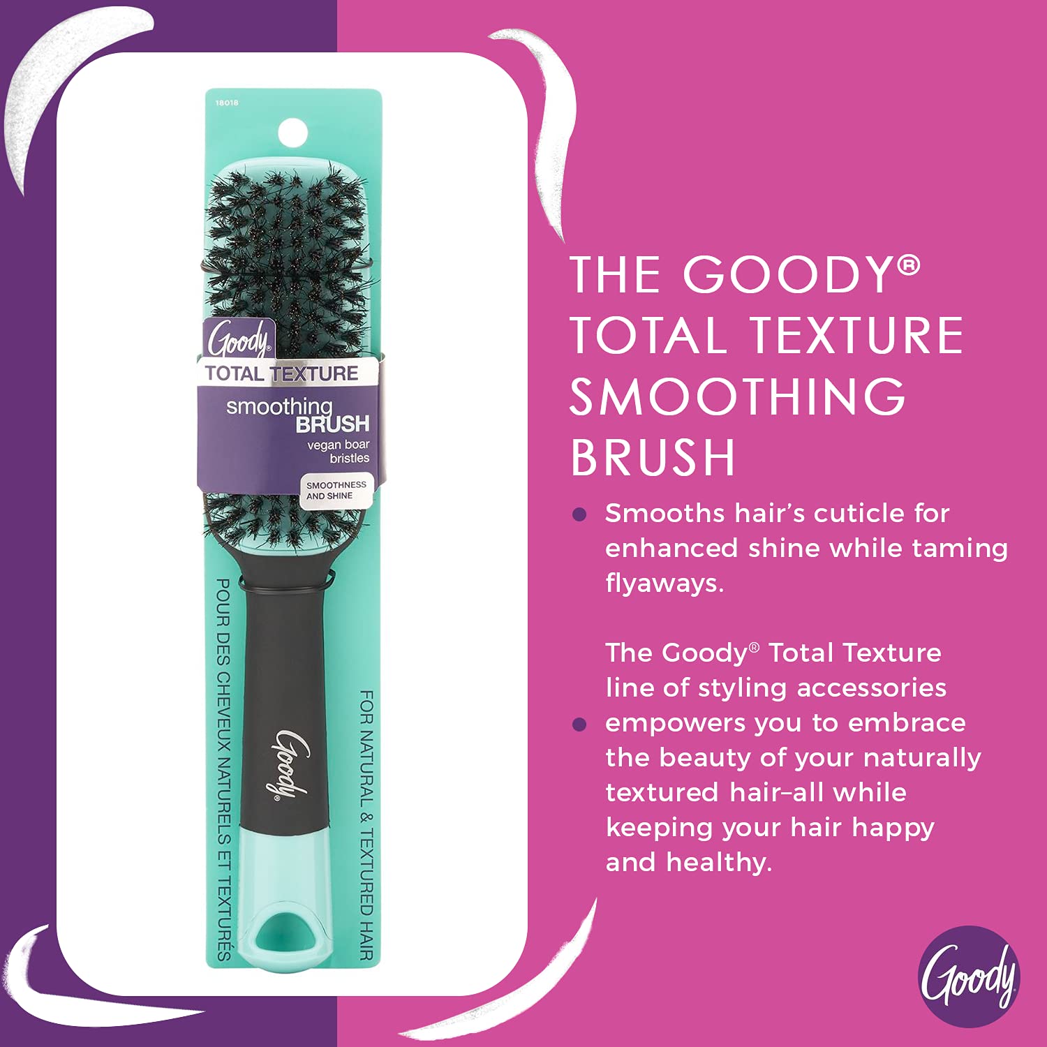 Goody x Total Texture Smoothing Brush - Vegan Boar Bristles Help Condition and Smooths Hair Cuticles for Enhanced Shine Shine - For Natural and Textured Hair - Non-Slip Grip - Image 2