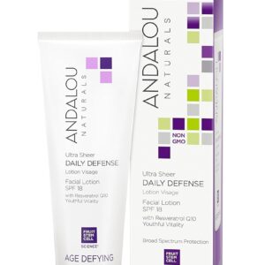 Andalou Naturals Ultra Sheer Daily Defense Facial Lotion, SPF 18, 2.7 oz, with Resveratrol CoQ10 and Antioxidants, Lightweight, Hydrating Facial Moisturizer