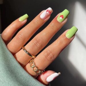 Green Press on Nails Medium Coffin Fake Nails White Swirl False Nails with Mushroom Design Full Cover Stick on Nails Set Acrylic Glue on Nails Glossy Artificial Nails For Women Nail Decorations 24Pcs