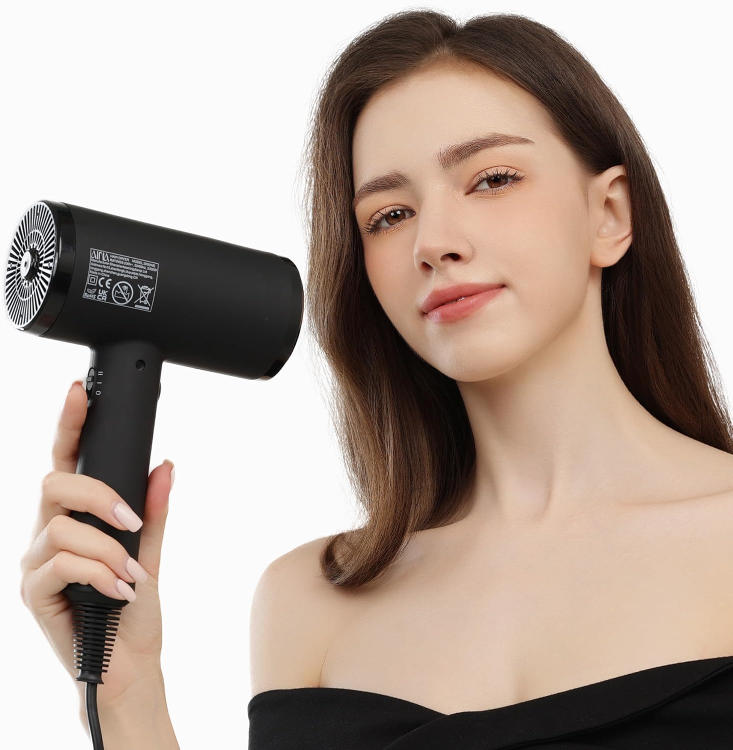 AINA Professional Salon Hair Dryer,2000W Blow Dryer with Diffuser Brush Comb for Women-BLDC Hair Dryer-Brushless Motor 150,000 RPM,Ionic,LED Display,4 Magnetic Attachments 110V/ALCI (Vader Black) - Image 7