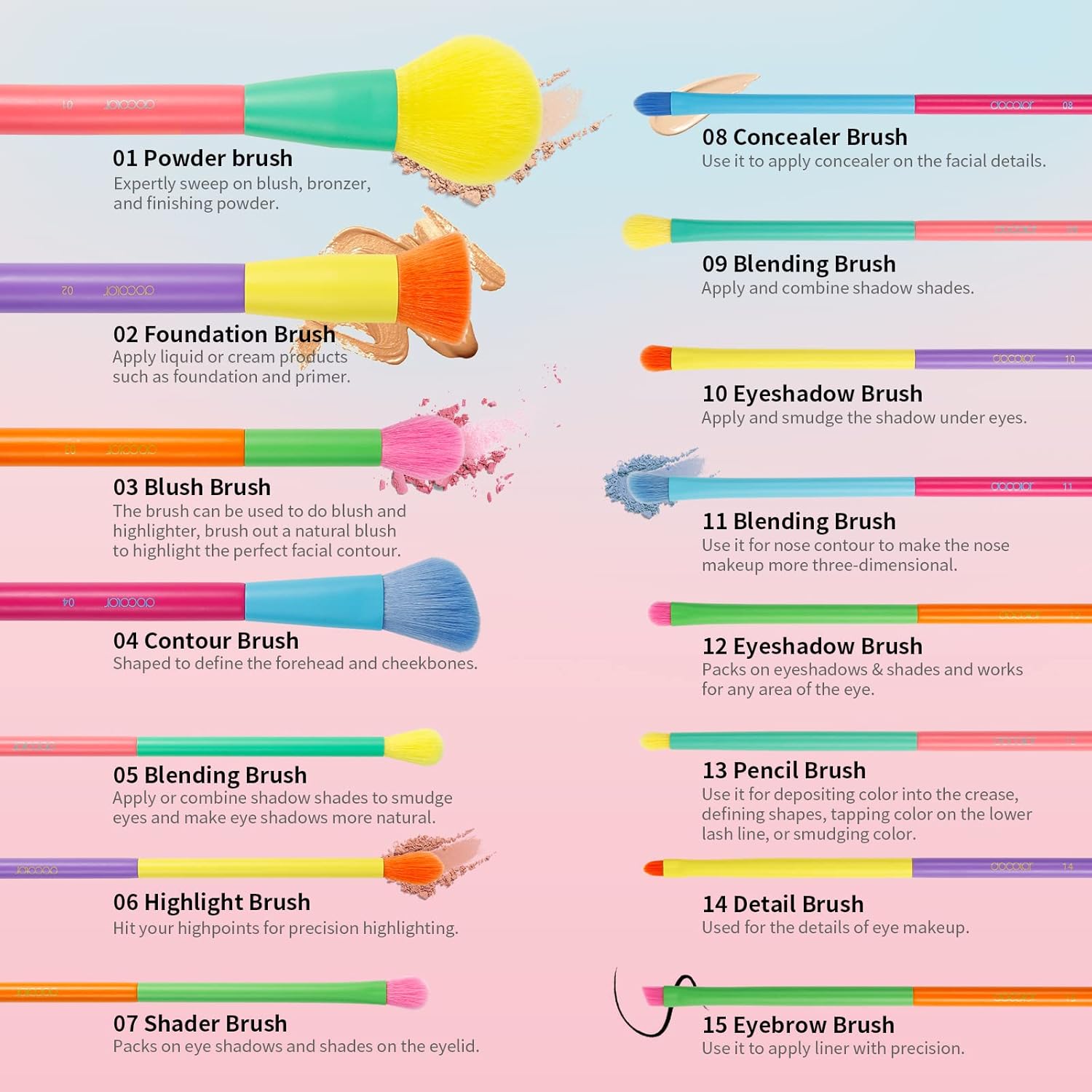Docolor Makeup Brushes 15Pcs Colourful Makeup Brush Set Premium Gift Synthetic Face Powder Kabuki Foundation Contour Blush Concealers Eye Shadow Blending Make Up Brush Kit - Dream of Color - Image 7