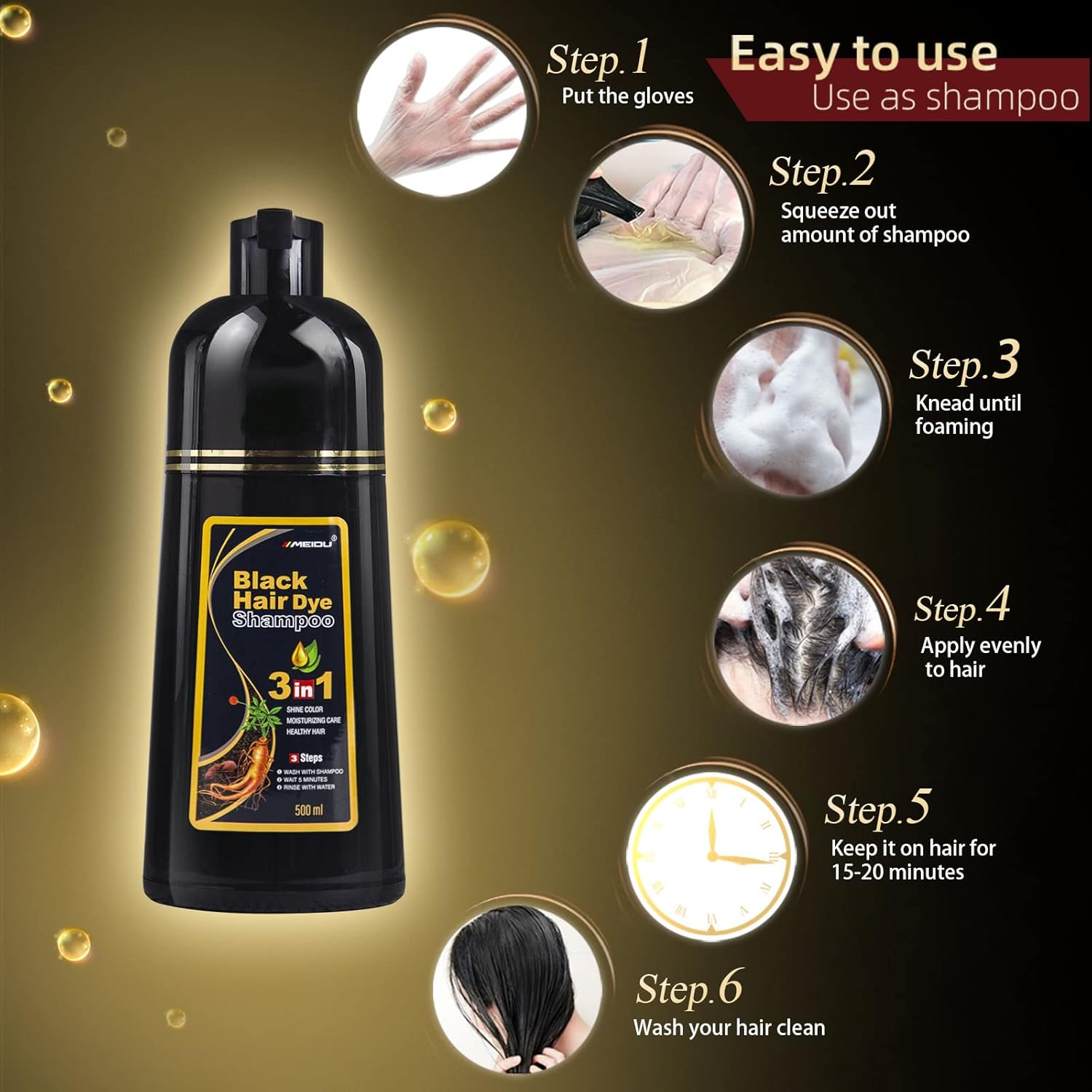 Ivnil Black Hair Dye Shampoo 3 in 1 Hair Color Shampoo for Women & Men for Gray Hair Coverage for Instant Champu Para Canas Mujer - Image 7