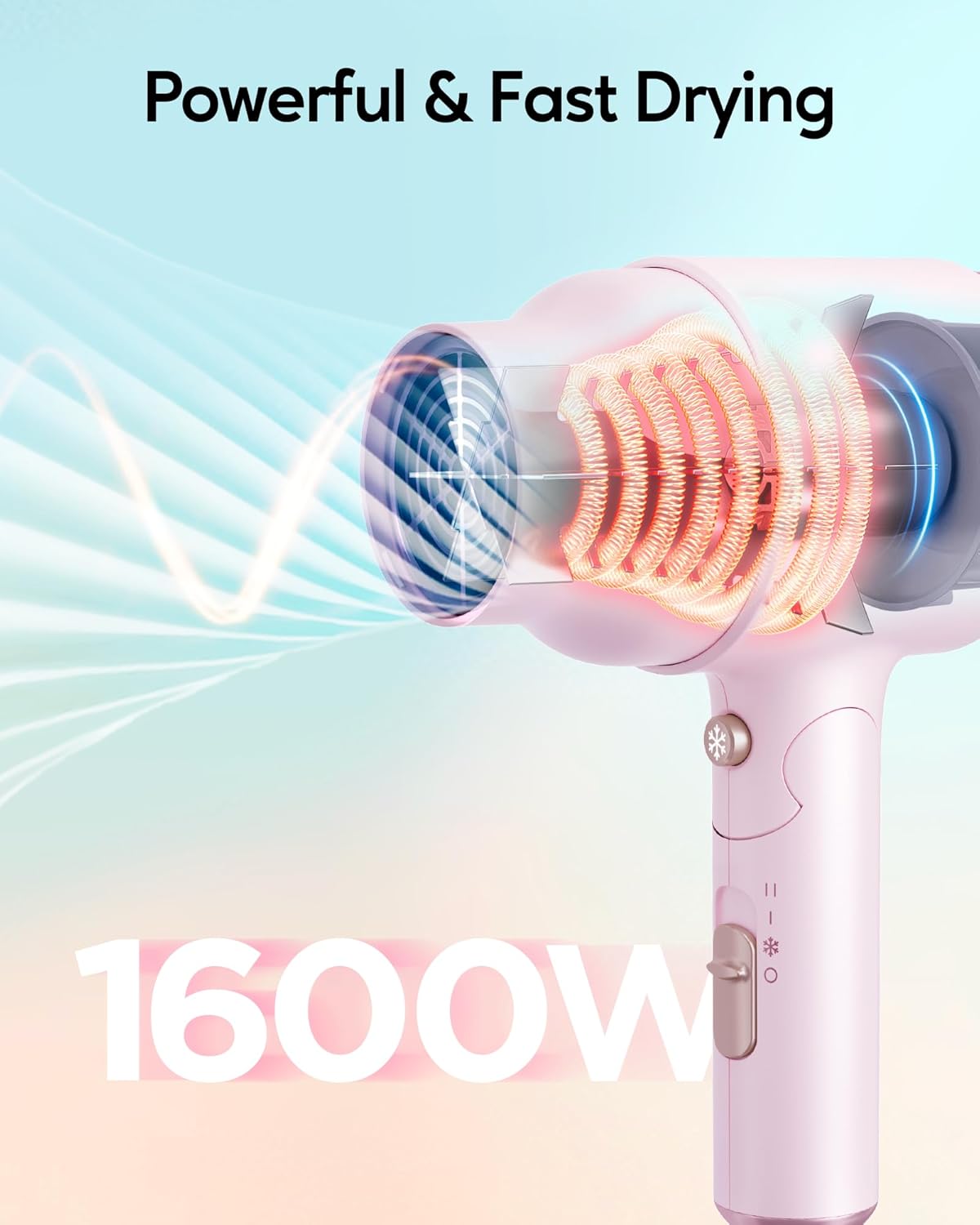 Wavytalk Blow Dryer with Diffuser, Mini Hair Dryer with Folding Handle, 1600W Quiet Lightweight Hairdryer with Diffuser Compact Design, Pinky White - Image 3